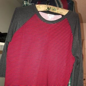 Lularoe Randy Size S Red Navy Stripe Gray Sleeve